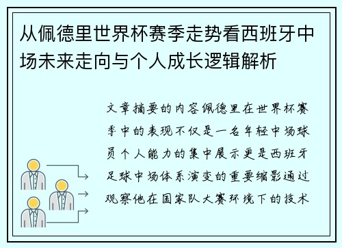 从佩德里世界杯赛季走势看西班牙中场未来走向与个人成长逻辑解析