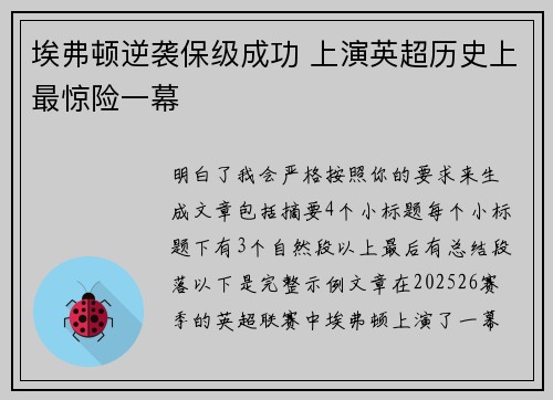 埃弗顿逆袭保级成功 上演英超历史上最惊险一幕
